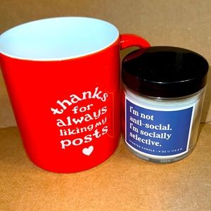 “Thanks for always liking my posts ❤️” Coffee Mug & “I’m not anti-social” Candle
